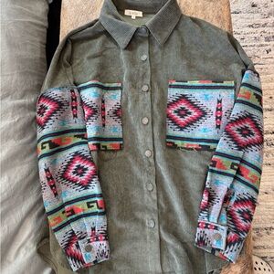LA MIEL Olive and Multicolor Aztec Patterned Button up Shirt